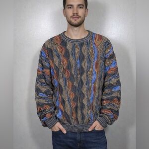 Vintage Tundra Canada Blue Brown 3D Knit Sz 2X Crew Neck 90s Pullover Sweater